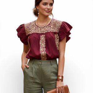 Embroidered Burgundy Flutter-Sleeve Women's Top